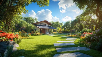 Naklejka premium Modern House Surrounded by Lush Greenery and Flowers