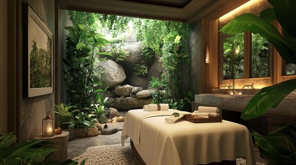 Fototapeta premium Spa massage with rock spa, Thailand, greenery tone 2017