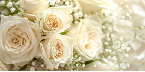 Fototapeta premium A wreath adorned with white roses and baby's breath, against a soft ivory background 