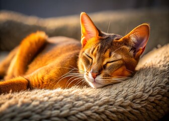 Naklejka premium A Peaceful Abyssinian Cat in Warm Tones, Relaxing on a Cozy Bed, Captured in Macro Photography for Cat Lovers and Pet Enthusiasts