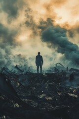 Obraz premium A figure surveys a devastated area filled with debris and thick smoke, creating a haunting atmosphere during the twilight hours. The destruction evokes a sense of loss