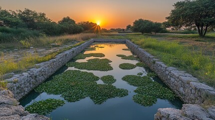 A serene landscape at sunset featuring a pond covered with lily pads.