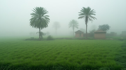 Foggy morning in India, village landscape with green paddy fields partially covered by thick fog, palm trees and small clay houses faintly visible, Ai generated images