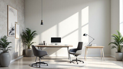 Modern Minimalist Creative Workspace with Sleek Desk and Light Play