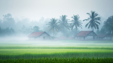 Foggy morning in India, village landscape with green paddy fields partially covered by thick fog, palm trees and small clay houses faintly visible, Ai generated images