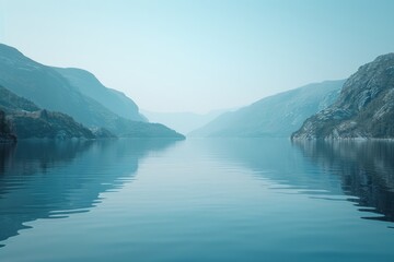 Obraz premium still lake water with mountain reflections softly lit by natural light