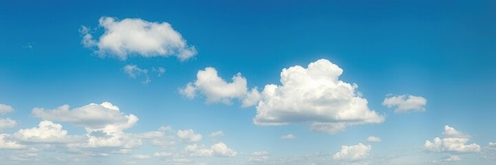 Vibrant blue sky with a few puffy white clouds and some flat grey clouds on the horizon, blue skies, layered clouds