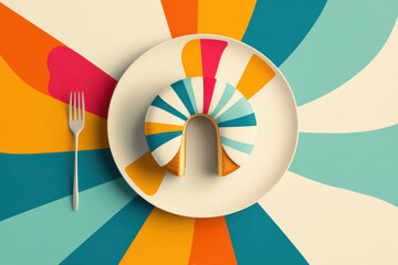 Obraz premium Bundt cake. A colorful dessert on a vibrant plate, surrounded by a radiating pattern, showcases a playful and artistic culinary presentation.