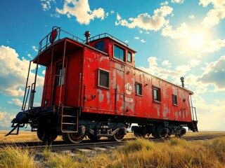 Obraz premium A vintage red caboose, top view, beneath a bright blue sky.