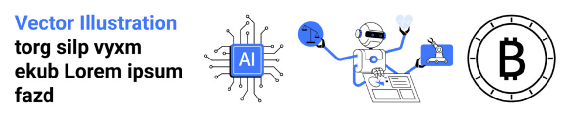 AI chip, robot interacting with virtual elements, Bitcoin symbol. Ideal for AI, cryptocurrency, technology, digital finance, automation, robotics, future tech Landing page