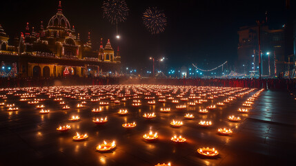 Oil lamp festival in India, thousands of diya lamps arranged in traditional patterns on the floor, temple background with twinkling lights, Ai generated images