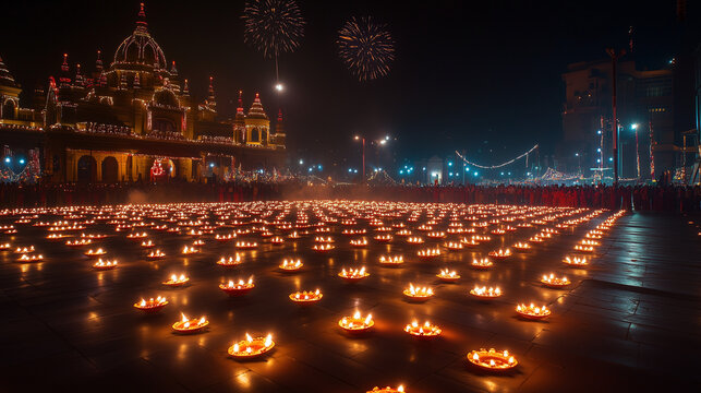 Oil lamp festival in India, thousands of diya lamps arranged in traditional patterns on the floor, temple background with twinkling lights, Ai generated images