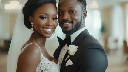 Happy african american bride and groom at wedding.