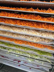 Trays of vegetables in a dehydration machine