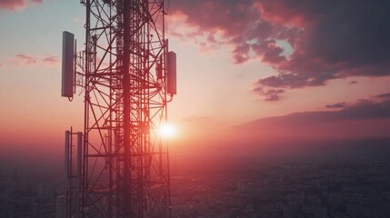 Telecommunication tower with 5G cellular network antenna on city background