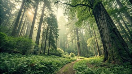 Fototapeta premium Vintage-style illustration of a forest, green paper texture, vintage illustration
