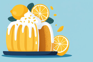 Bundt cake. A vibrant lemon cake with frosting, garnished with lemon slices and leaves, set against a light blue background.
