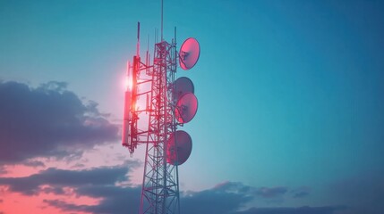 Telecommunication tower. Antenna on blue sky. Radio and satellite pole. Communication technology. Telecommunication industry. Mobile or telecom 5g network. Network connection business background.