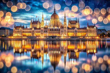 Obraz premium Captivating Double Exposure of Budapest's Night Skyline Featuring the Hungarian Parliament Building Reflected in the Tranquil Waters of the Danube River