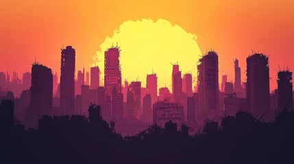 Fototapeta premium vast post apocalyptic city skyline sunset silhouette - premium pen tool cutout - city with tall buildings and skyscrapers - debris and destruction - wide panoramic angle view