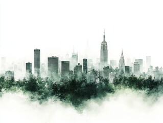 Fototapeta premium Urban Resurgence, a watercolor depiction of skyscrapers shrouded in smog, with vibrant greenery reclaiming the city landscape.