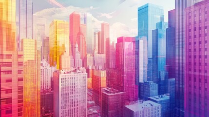 Fototapeta premium Vibrant Abstract Cityscape with Colorful Skyscrapers for Creative Branding or Fashion Ads