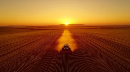 A tractor plows through fields at sunset, showcasing agricultural work and rural beauty.