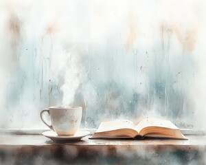 Cozy coffee nook by a rain-streaked window, steaming mug, good book, watercolor details, peaceful ambiance
