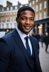 Professional portrait, young Black man, navy blue suit, white shirt, blue tie, confident smile, urban background, London townhouses, soft lighting, shallow depth of field, high-quality photograph, str