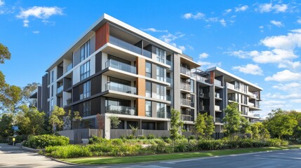 Obraz premium Modern Apartment Building Exterior with Green Surroundings