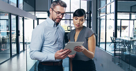 Teamwork, tablet and business people in office, finance and connection with online schedule....