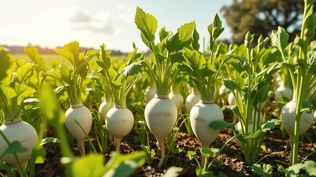 White bulbous swede turnip root plants in a field on a sunny day, garden plants, swede turnip roots
