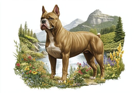 A muscular bully kutta stands proudly in a vibrant natural landscape.
