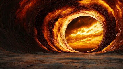 A fiery, swirling tunnel opens to reveal a vibrant sunset over a distant cityscape.