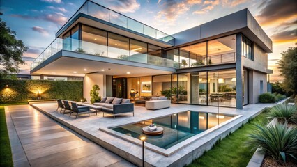 Fototapeta premium Modern Home Design with Glass Walls, Stylish Patio, Contemporary Architecture, Minimalist Interiors, Outdoor Living Space, Luxury Home Features, Natural Light, Open Floor Plan, Urban Retreat
