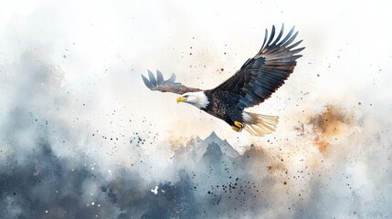 Majestic Eagle in Flight, a vibrant watercolor depicting a bald eagle soaring over a stunning mountain range, embodying freedom and strength