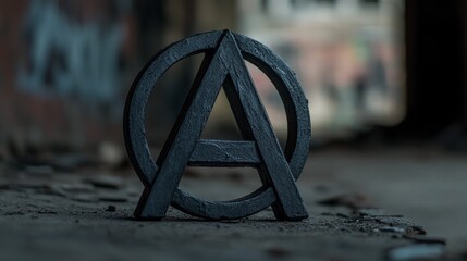A black and white symbol of anarchy on a rough surface.