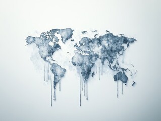 Melting World Map, a watercolor depiction of climate change, showcasing rising temperatures and sea levels with dripping water effects.