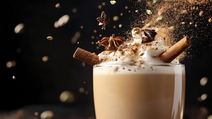 Flying Chai Tea Latte: Warm Golden Brown Liquid with Cinnamon Stick, Cozy Ambiance, Artistic Presentation – Captured in Soft Focus for Instagram Aesthetics.