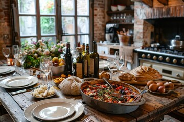 Rustic dining table elegantly set for a French family meal with baked vegetables, bread, wine, and decorative floral arrangements in a warm and inviting kitchen setting.