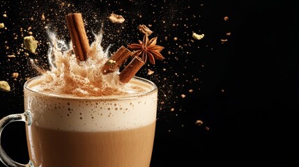 Flying Chai Tea Latte: Warm Golden Brown Liquid with Cinnamon Stick, Cozy Ambiance, Artistic Presentation – Captured in Soft Focus for Instagram Aesthetics.