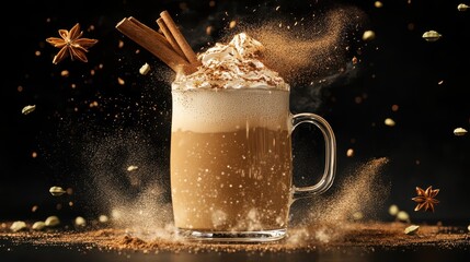 Flying Chai Tea Latte: Warm Golden Brown Liquid with Cinnamon Stick, Cozy Ambiance, Artistic Presentation – Captured in Soft Focus for Instagram Aesthetics.