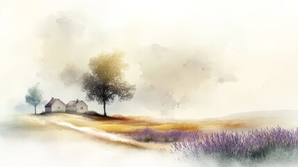Serene Countryside Escape, rolling hills, charming farmhouse, vibrant lavender fields, embodying tranquil rural beauty in watercolor elegance