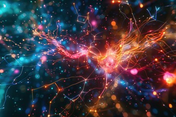 Obraz premium Abstract visualization of a neural network, with colorful, intertwined lines and nodes creating a dynamic, 3D web set against a dark, starry background 