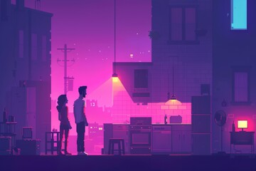 Pixel art scene of two characters standing in dimly lit urban kitchen surrounded by neon light reflecting vibrant pink and purple colors, nostalgic and futuristic atmosphere.