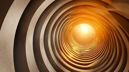 Obraz premium The image shows a spiraling tunnel or structure with concentric rings of warm, brownish-beige material, illuminated from within by a bright, golden light source.