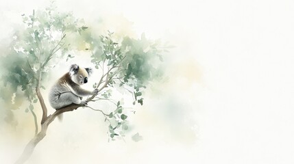 Serene Koala in Eucalyptus, a tranquil watercolor depicting a koala nestled among soft greens and grays, evoking a calming atmosphere.