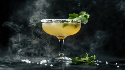 Fototapeta premium Suspended Smoky Mezcal Margarita: A Pale Golden Cocktail with Lime Zest, Fresh Lime Garnish, and Hints of Smoke. Modern Bar Atmosphere, High-End Photography Aesthetic.