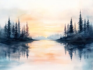 Fototapeta premium Tranquil Reflection at Dusk, serene lake framed by majestic pines, soft pastel sunset hues mirrored in calm waters, watercolor ambiance