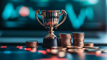 Achievement concept with a trophy coins and upward graph signifying financial growth